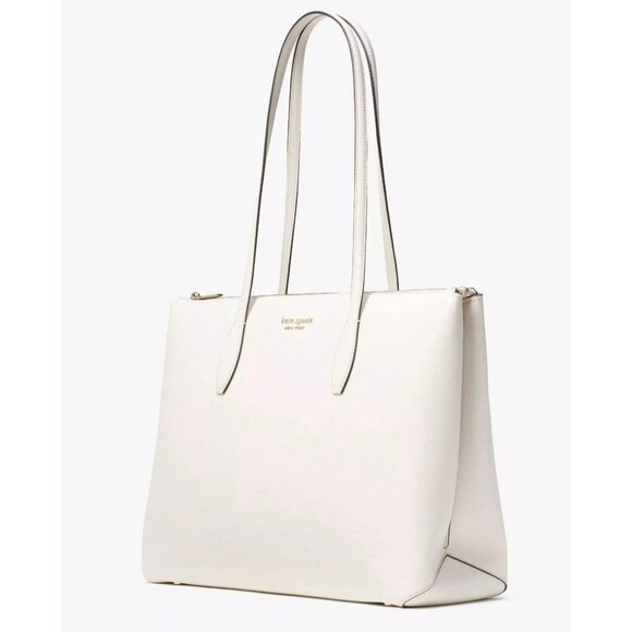 New Kate Spade All Day Large Zip-Top Tote Crossgrain Leather Parchment - Picture 3 of 5